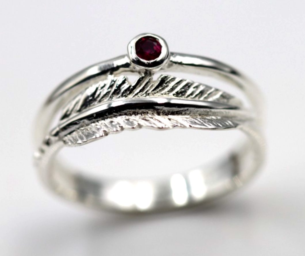 Genuine Size R Sterling Silver 925 Feather Ruby Ring