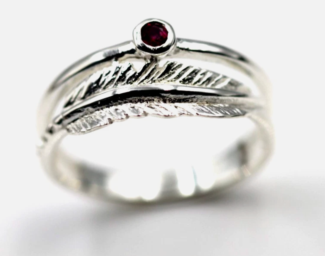 Genuine Size R Sterling Silver 925 Feather Ruby Ring