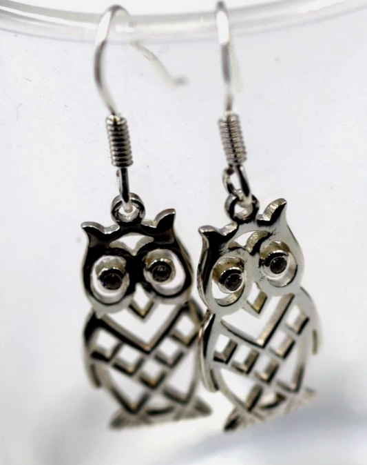 Genuine 925 Sterling Silver Owl Bird Earrings Hooks