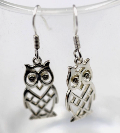 Genuine 925 Sterling Silver Owl Bird Earrings Hooks