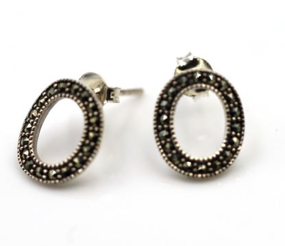 Sterling Silver 925 Marcasite Oval Open Studs Earrings
