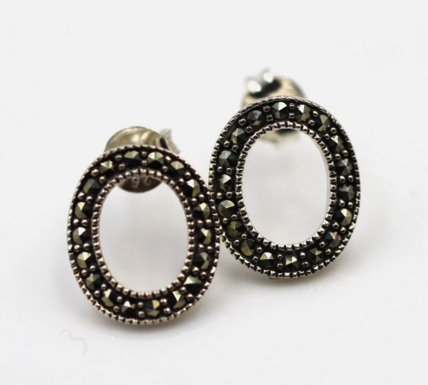 Sterling Silver 925 Marcasite Oval Open Studs Earrings
