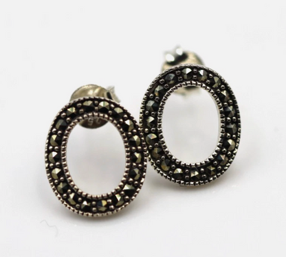 Sterling Silver 925 Marcasite Oval Open Studs Earrings
