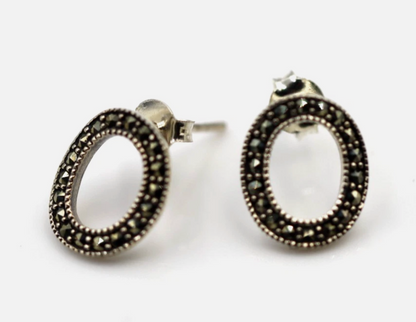 Sterling Silver 925 Marcasite Oval Open Studs Earrings