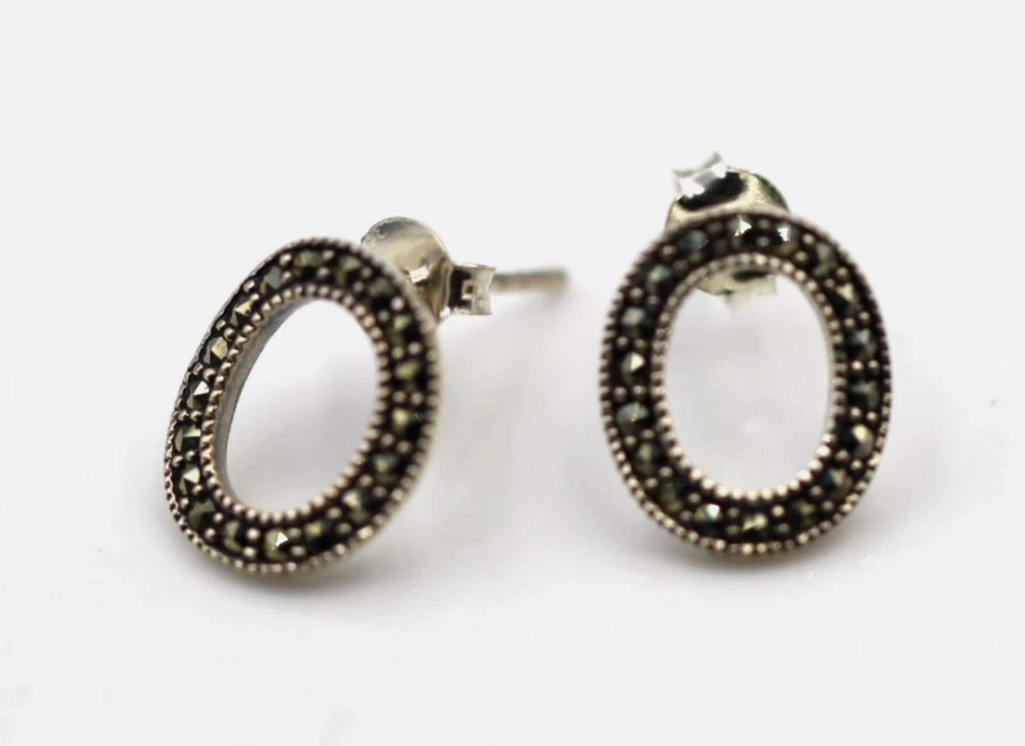 Sterling Silver 925 Marcasite Oval Open Studs Earrings