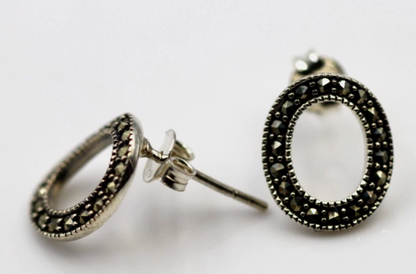 Sterling Silver 925 Marcasite Oval Open Studs Earrings