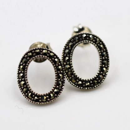 Sterling Silver 925 Marcasite Oval Open Studs Earrings
