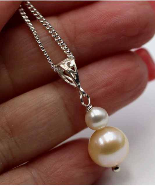 Sterling Silver 925 10x5mm Double Pearl Ball Pendant + 50cm Necklace