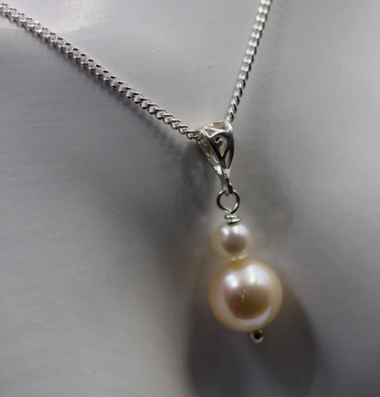 Sterling Silver 925 10x5mm Double Pearl Ball Pendant + 50cm Necklace