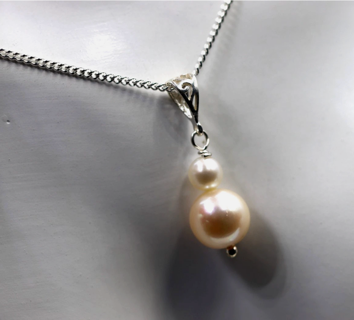 Sterling Silver 925 10x5mm Double Pearl Ball Pendant + 50cm Necklace