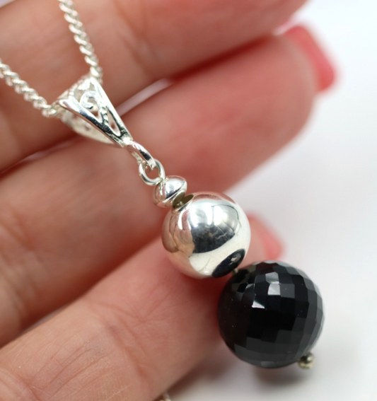 Sterling Silver 925 Silver + Black Onyx Ball Pendant + 50cm Necklace