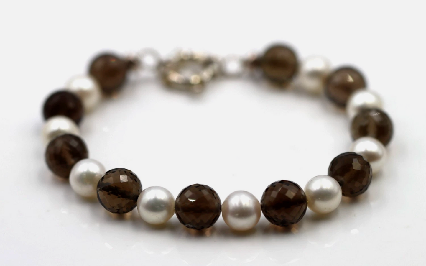 Sterling Silver Bolt Ring Cultured Pearl + Smokey Quartz Bracelet