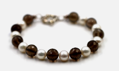 Sterling Silver Bolt Ring Cultured Pearl + Smokey Quartz Bracelet