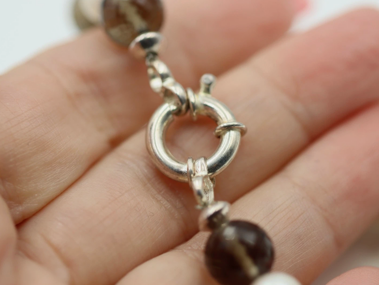 Sterling Silver Bolt Ring Cultured Pearl + Smokey Quartz Bracelet