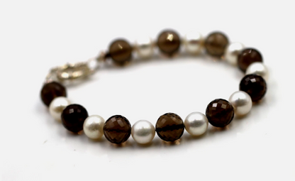 Sterling Silver Bolt Ring Cultured Pearl + Smokey Quartz Bracelet