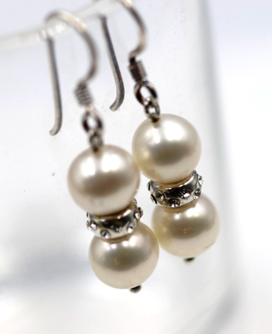 Sterling Silver 925 8mm Freshwater White Pearl Ball Hook Earrings