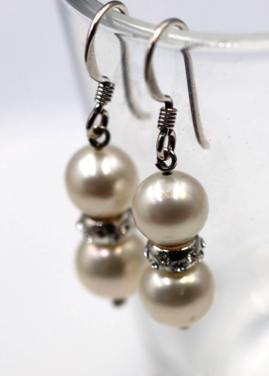 Sterling Silver 925 8mm Freshwater White Pearl Ball Hook Earrings