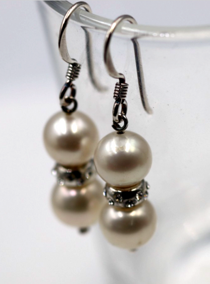 Sterling Silver 925 8mm Freshwater White Pearl Ball Hook Earrings