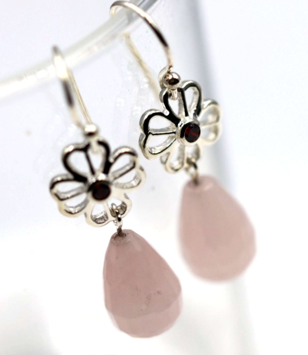 Sterling Silver 925 Rose Quartz + Flower Garnet Drop Hook Earrings
