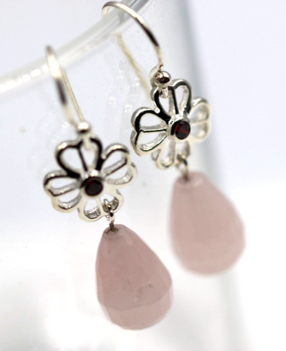 Sterling Silver 925 Rose Quartz + Flower Garnet Drop Hook Earrings