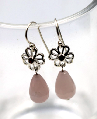 Sterling Silver 925 Rose Quartz + Flower Garnet Drop Hook Earrings