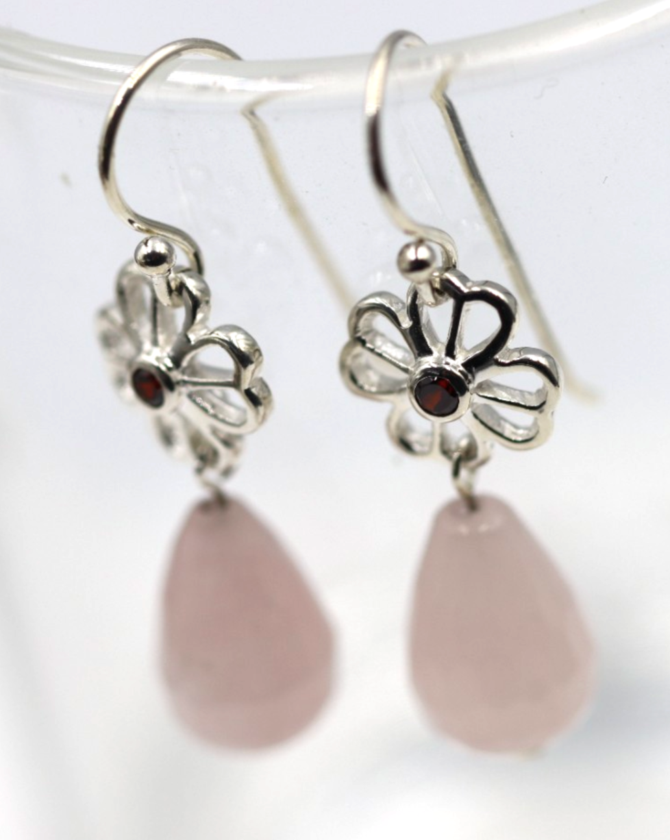 Sterling Silver 925 Rose Quartz + Flower Garnet Drop Hook Earrings