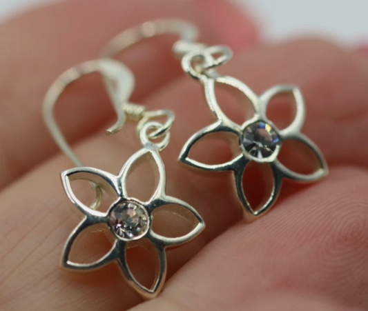 Sterling Silver 925 Flower Drop Hook Earrings