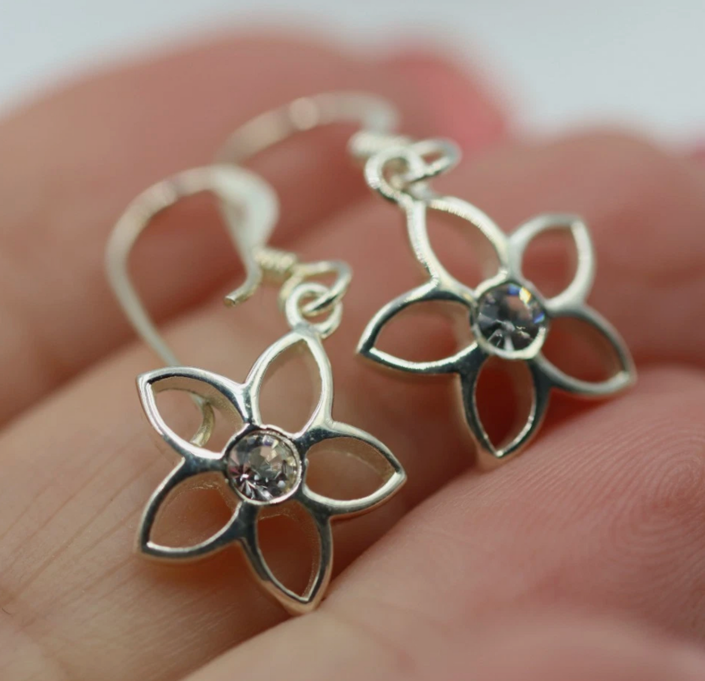 Sterling Silver 925 Flower Drop Hook Earrings