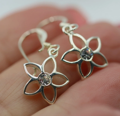 Sterling Silver 925 Flower Drop Hook Earrings