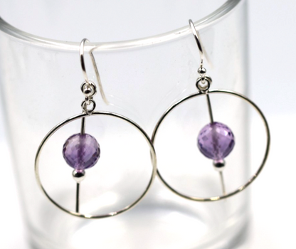 Sterling Silver 925 Circle Purple Amethyst Ball Hook Earrings