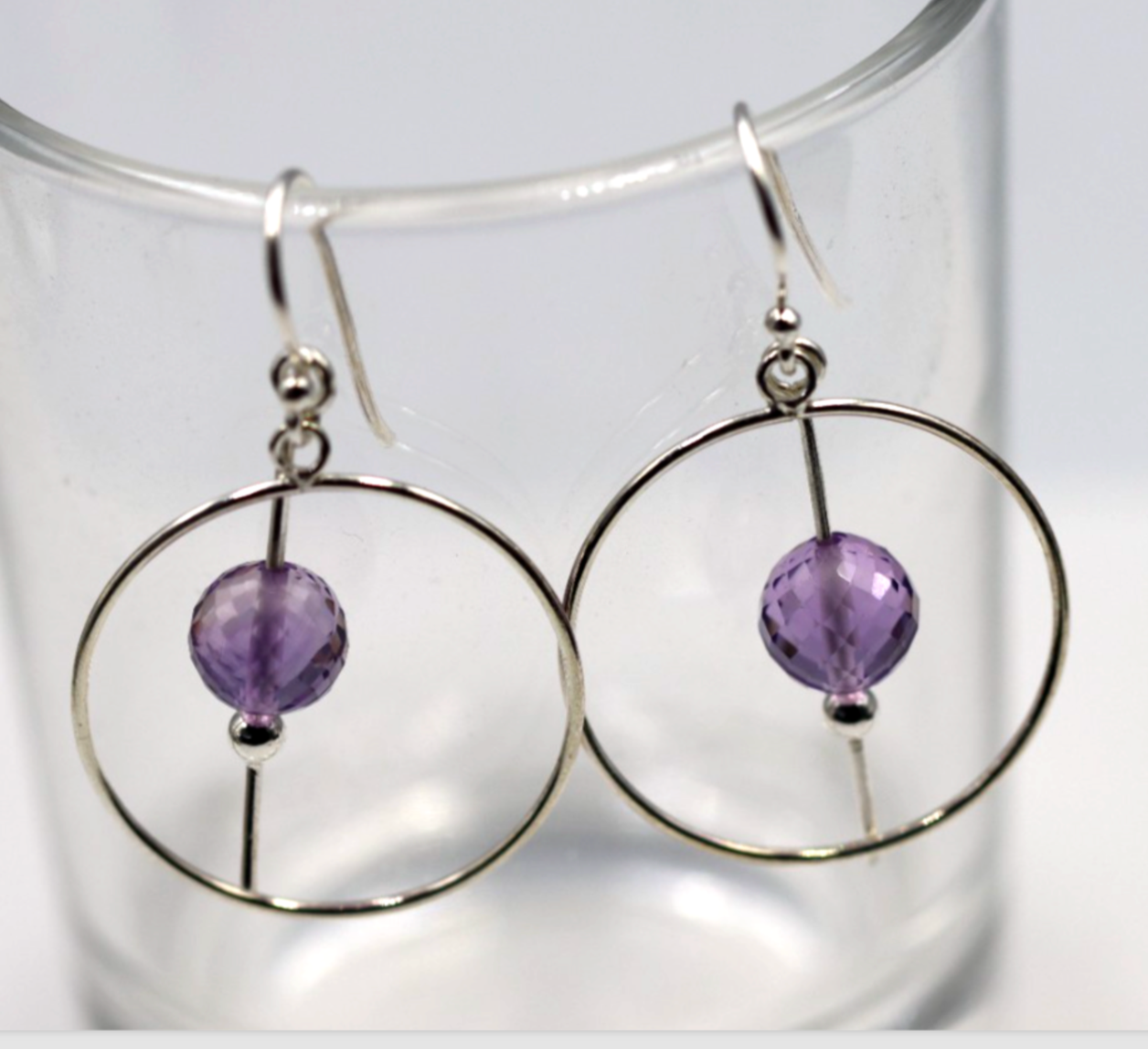 Sterling Silver 925 Circle Purple Amethyst Ball Hook Earrings