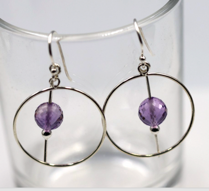 Sterling Silver 925 Circle Purple Amethyst Ball Hook Earrings