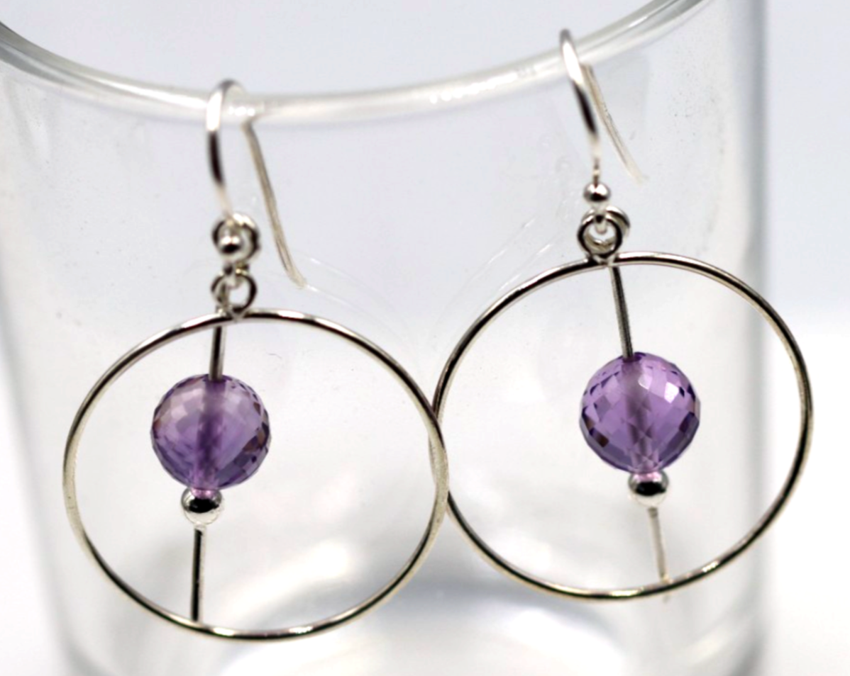 Sterling Silver 925 Circle Purple Amethyst Ball Hook Earrings