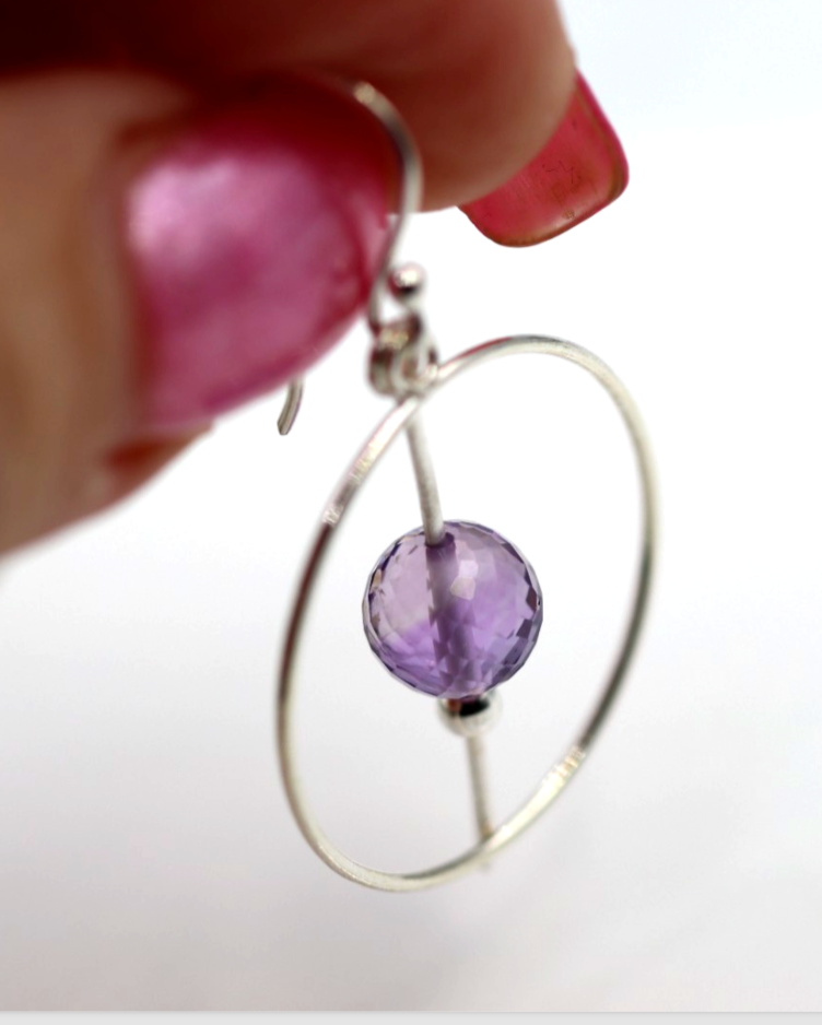 Sterling Silver 925 Circle Purple Amethyst Ball Hook Earrings