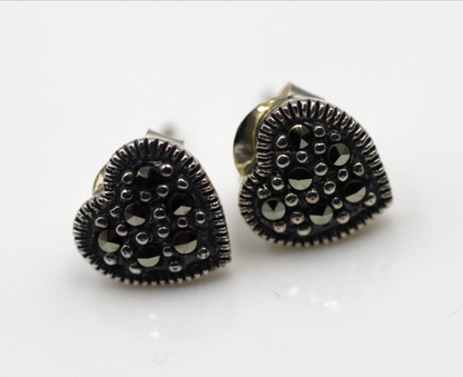 Sterling Silver 925 Marcasite Heart Studs Earrings