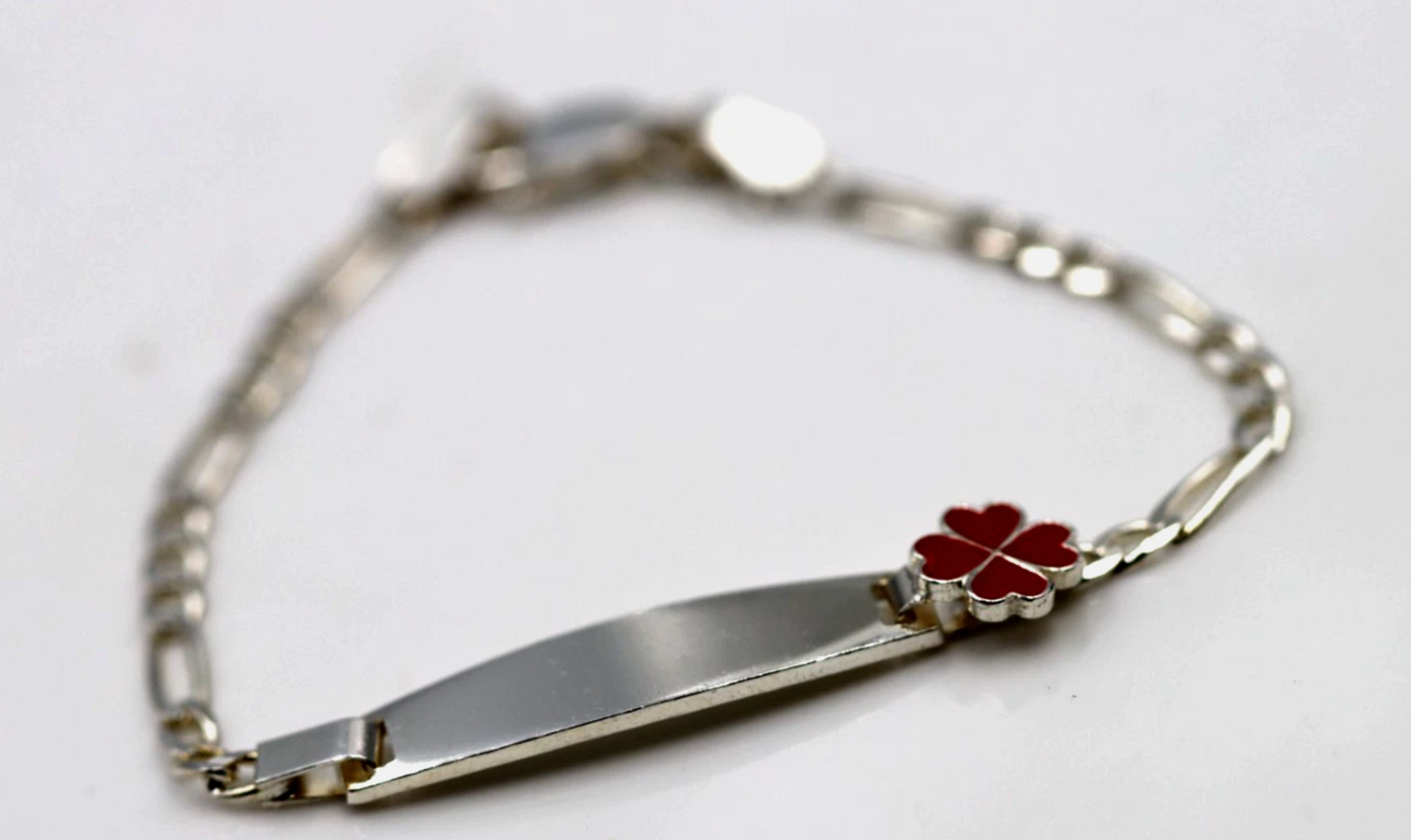 Sterling Silver 925 Childs Red Clover Identity ID Bracelet 17cm long