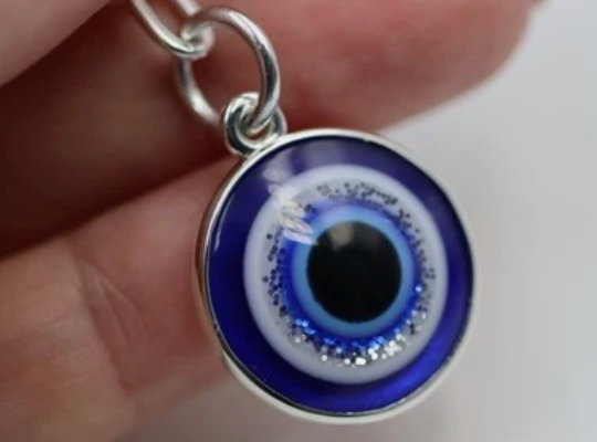 Genuine Sterling Silver 925 Greek Evil Eye Key Ring Keyring with Chain + 21mm