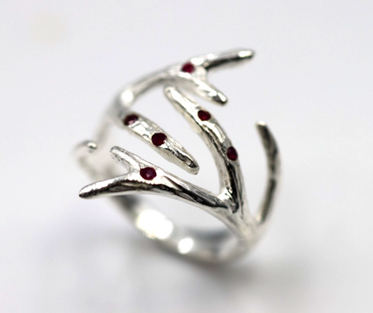 Size O / 7 Sterling Silver 925 Ruby Set Thorn Branch Ring