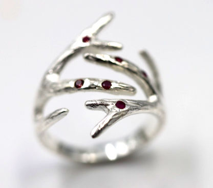 Size O / 7 Sterling Silver 925 Ruby Set Thorn Branch Ring
