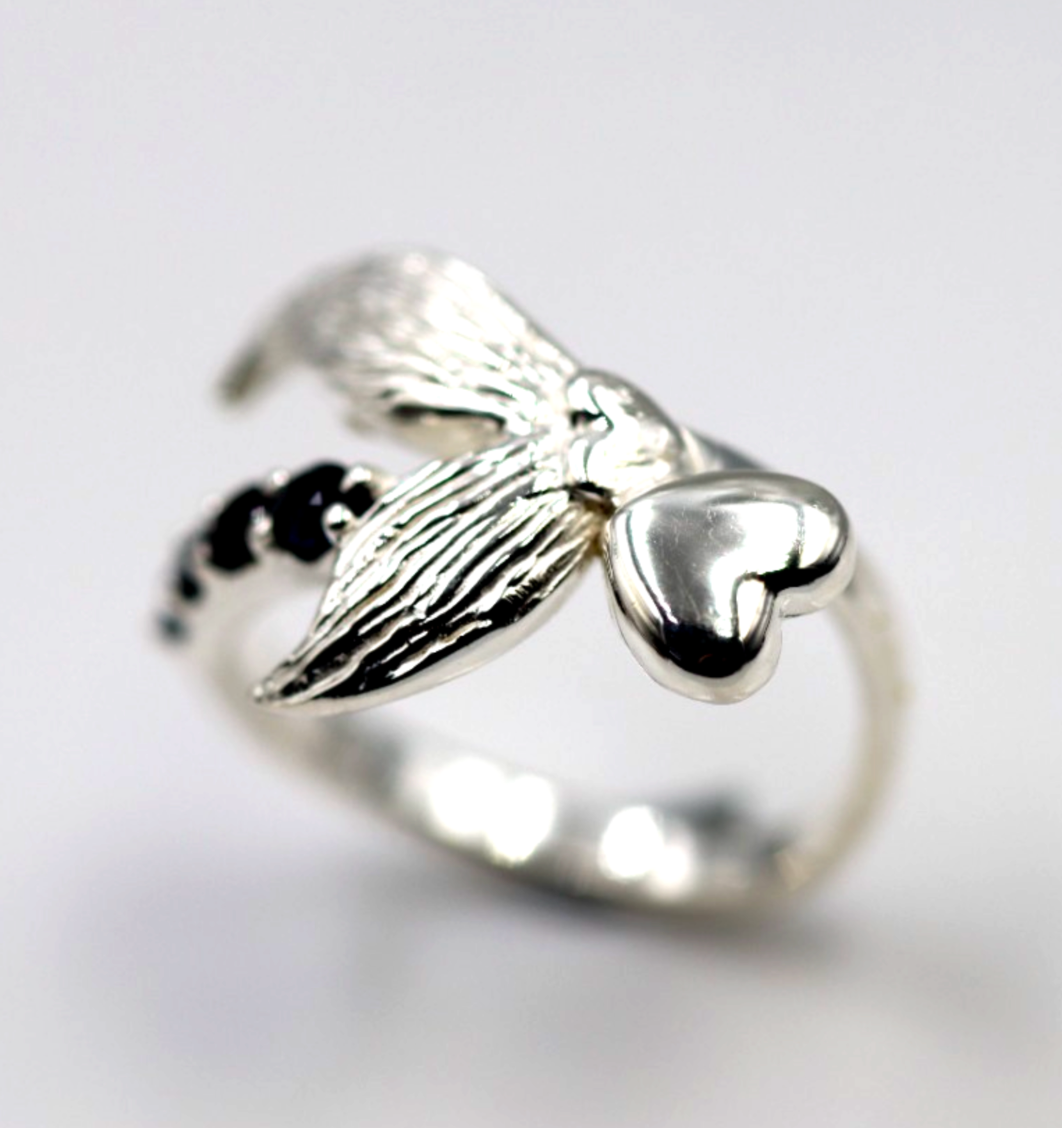 Size L Sterling Silver 925 Sapphire Set Abstract Wings Bird Heart Ring