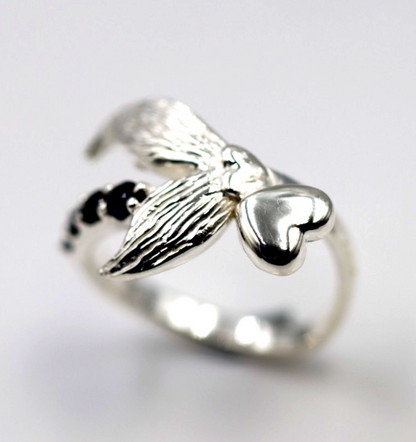 Size L Sterling Silver 925 Sapphire Set Abstract Wings Bird Heart Ring
