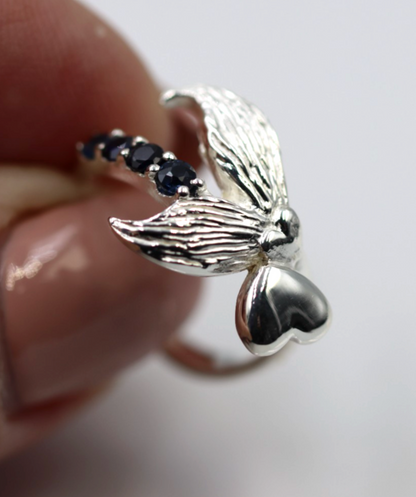 Size L Sterling Silver 925 Sapphire Set Abstract Wings Bird Heart Ring