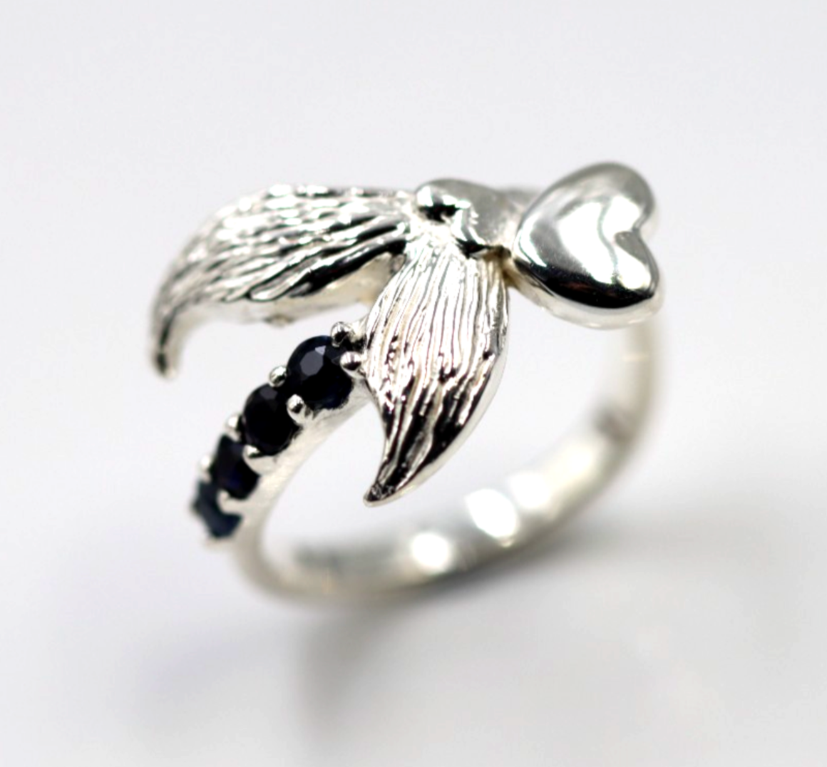 Size L Sterling Silver 925 Sapphire Set Abstract Wings Bird Heart Ring