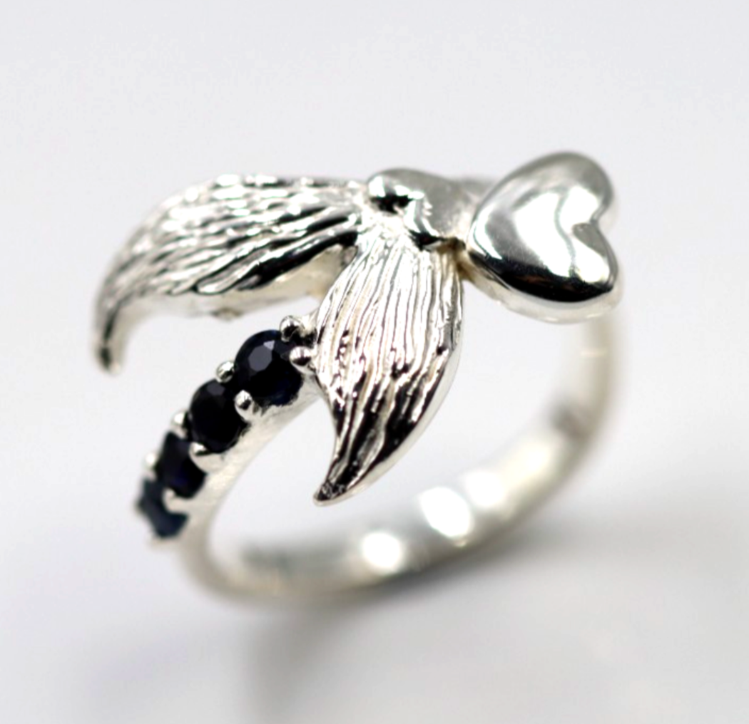 Size L Sterling Silver 925 Sapphire Set Abstract Wings Bird Heart Ring