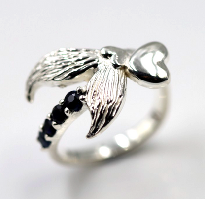 Size L Sterling Silver 925 Sapphire Set Abstract Wings Bird Heart Ring