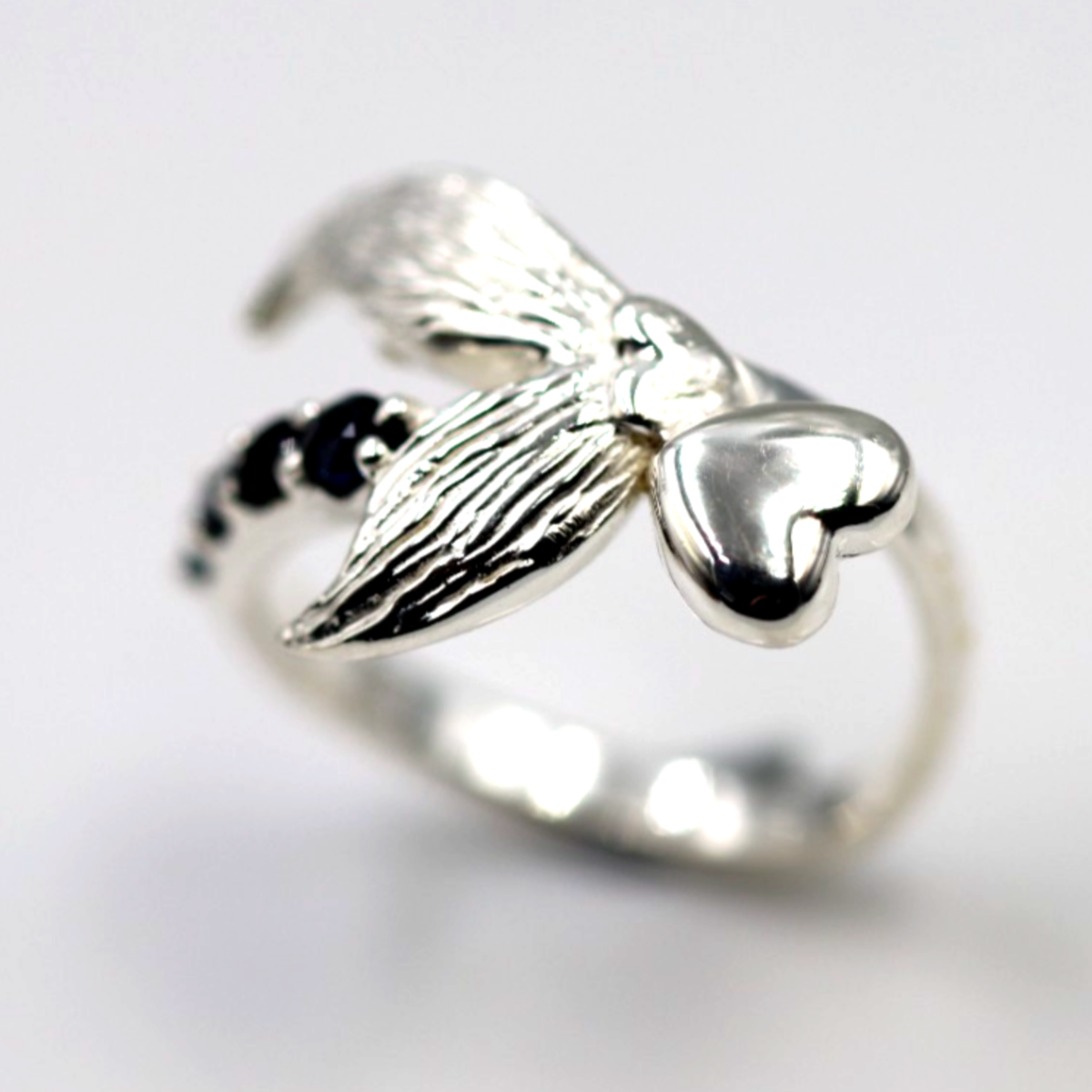 Size L Sterling Silver 925 Sapphire Set Abstract Wings Bird Heart Ring