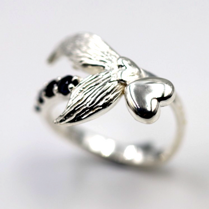 Size L Sterling Silver 925 Sapphire Set Abstract Wings Bird Heart Ring