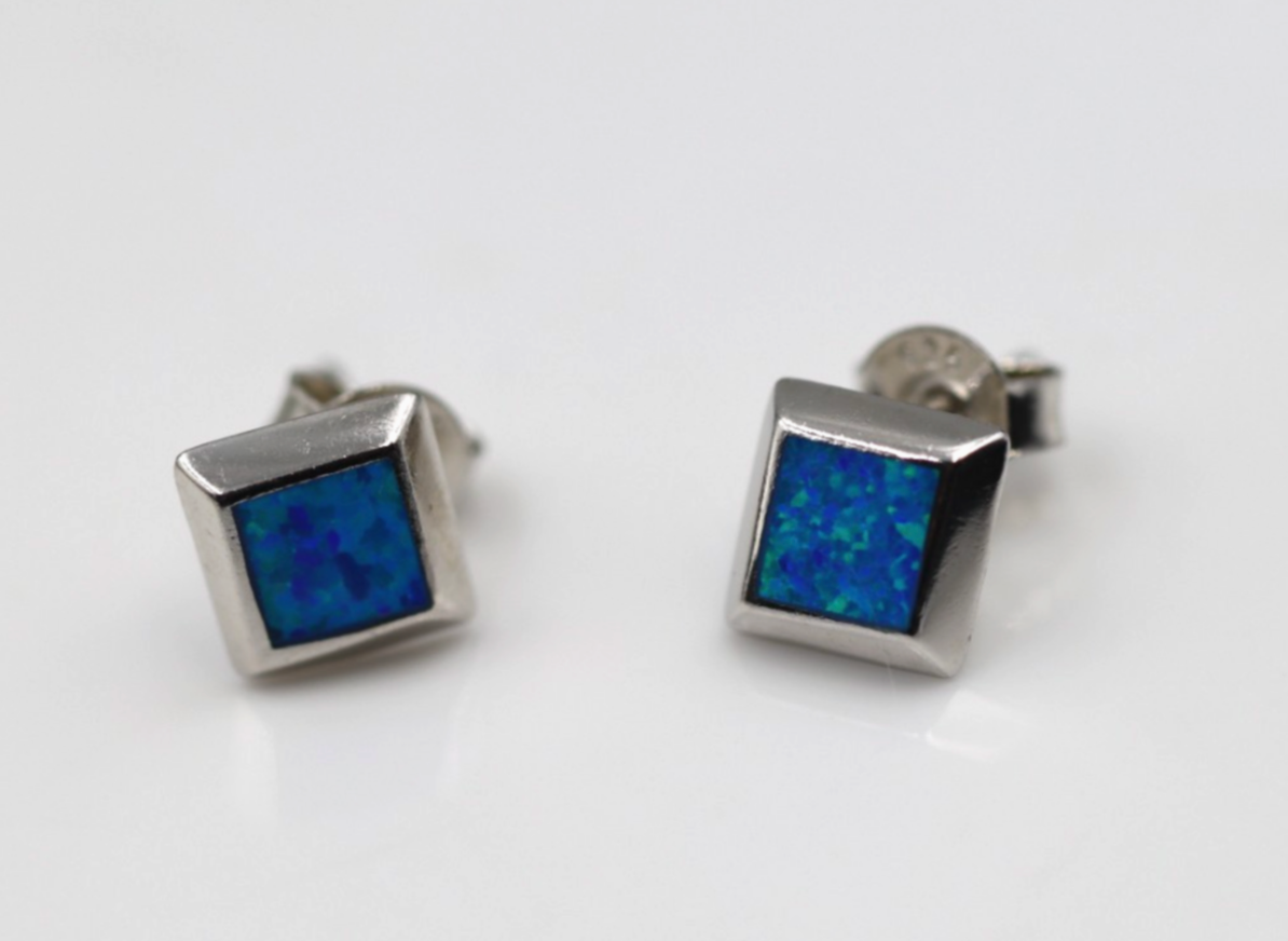 Genuine Sterling Silver 925 Syn Opal Square Set Stud Earrings