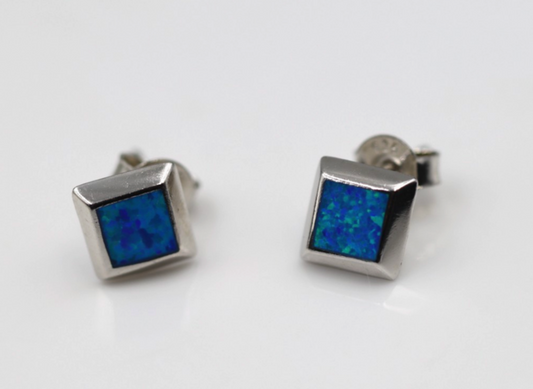 Genuine Sterling Silver 925 Syn Opal Square Set Stud Earrings