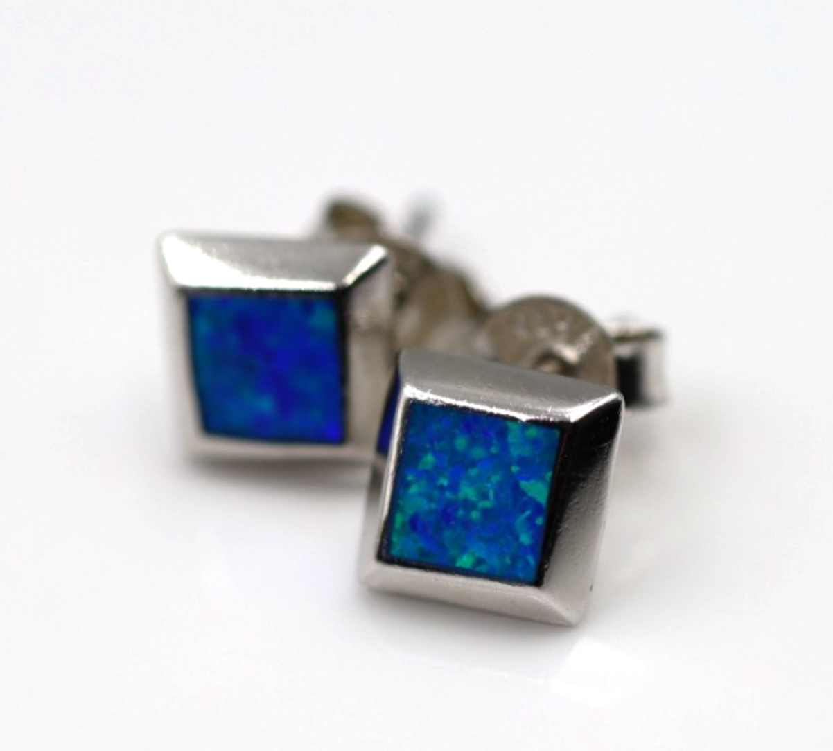 Genuine Sterling Silver 925 Syn Opal Square Set Stud Earrings
